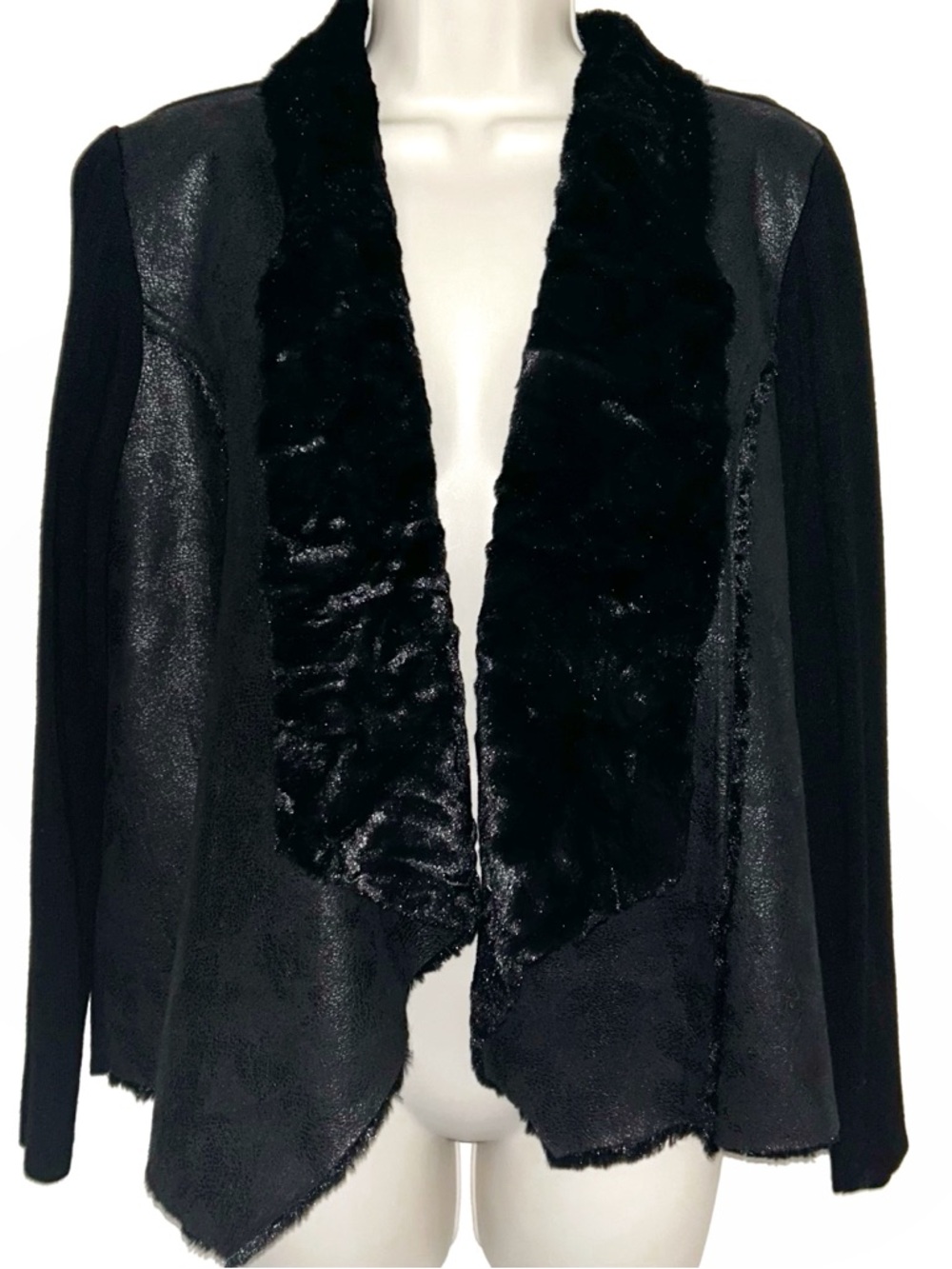 Alfani Black Faux Fur Trim Open-Front Petite Cardigan